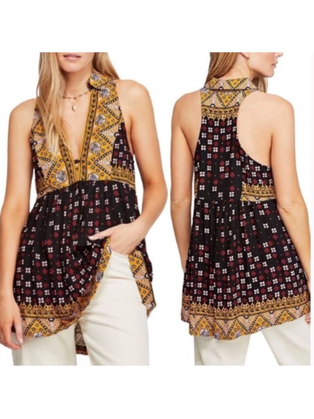Free People |  Sleeveless V-Neck Multi Color Tunic Top XS